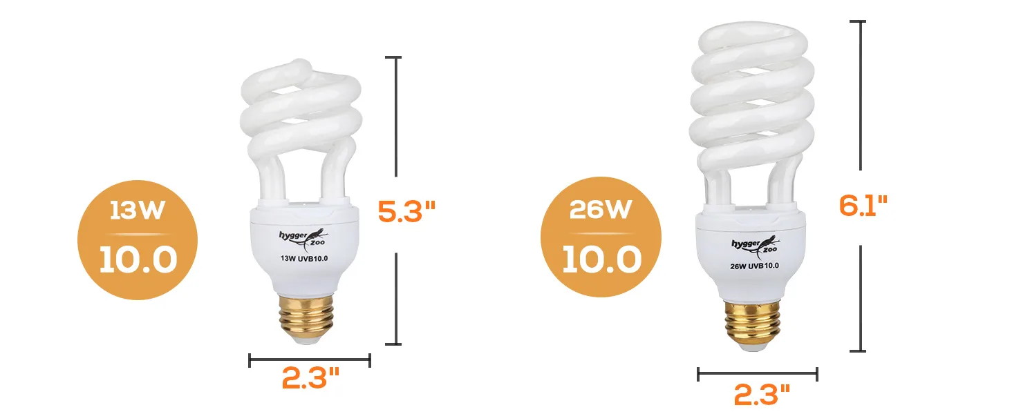 Hygger 13W and 26W UVB 10.0 Compact Fluorescent Bulbs for Aquariums with Dimensions