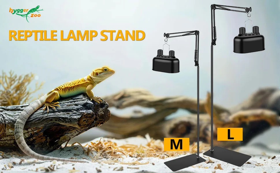 Hygger Zoo Reptile Lamp Stand with adjustable arms for bearded dragons, M and L sizes shown with lizard on log