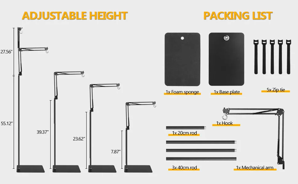Adjustable height aquarium stand with packing list showing components like foam sponge, base plate, zip ties, rods, and mecha