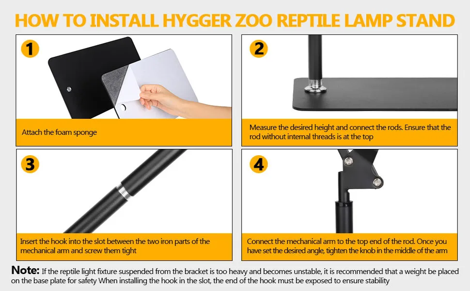 Step-by-step guide for installing Hygger Zoo Reptile Lamp Stand with foam sponge attachment, rod height adjustment, hook inse