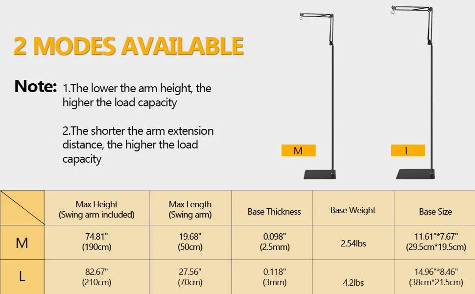 Hygger aquarium stand with M and L modes, showing max height, length, base thickness, weight, and size specifications for aqu