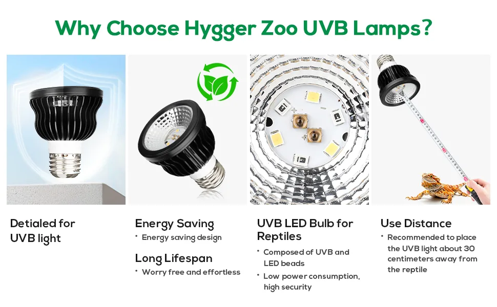 Hygger Zoo UVB Lamps: Energy-saving, long lifespan, UVB LED for reptiles with recommended use distance