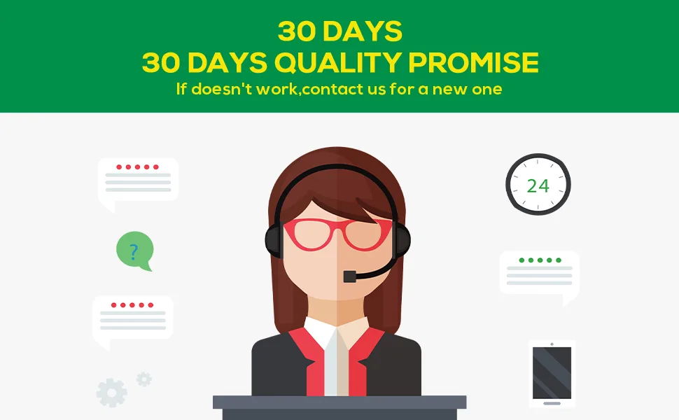 Customer support agent with headset, 30-day quality guarantee, 24/7 service, chat icons, and clock showing 24 hours