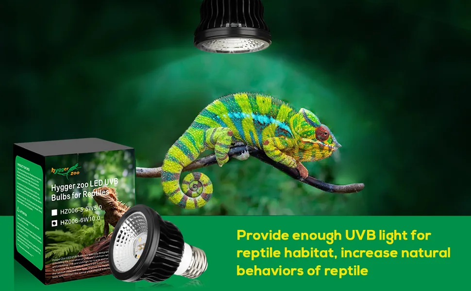 Hygger Zoo LED UVB Bulb for Reptiles - HZ006-5W/6W, Chameleon on branch with UVB light
