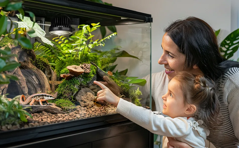 A mother and daughter observe a vibrant terrarium with lush plants, a lizard, and a frog, showcasing Hygger's eco-friendly aq