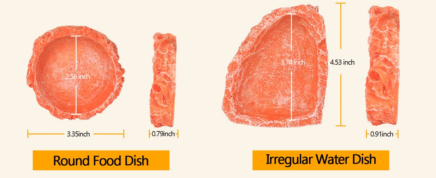 Round Food Dish and Irregular Water Dish with dimensions: 3.35in x 2.56in x 0.79in and 4.53in x 3.74in x 0.91in for aquariums