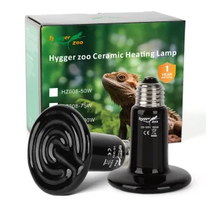 Hygger Zoo Ceramic Heating Lamp for reptiles, HZ008-50W model with 1-year warranty, black ceramic bulb and base.