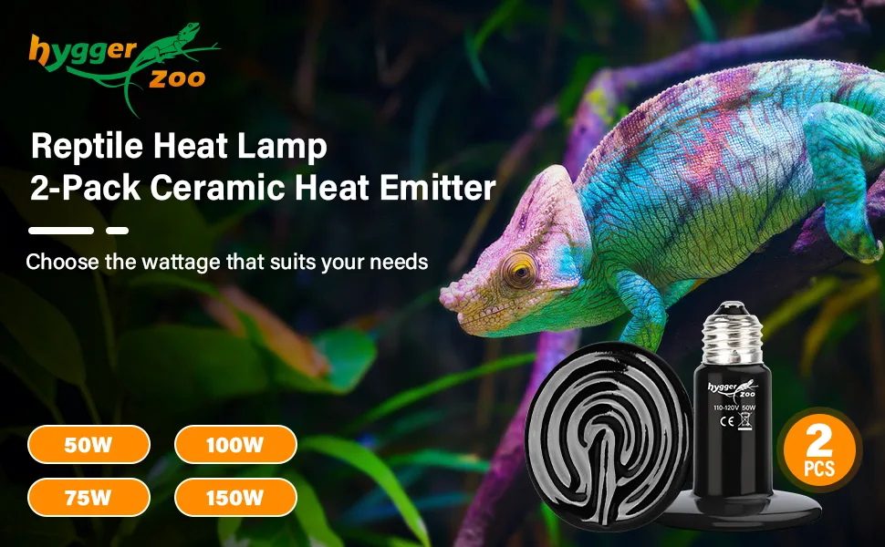 Hygger Zoo Reptile Heat Lamp 2-Pack Ceramic Heat Emitter with 50W, 75W, 100W, and 150W options for reptile enclosures.