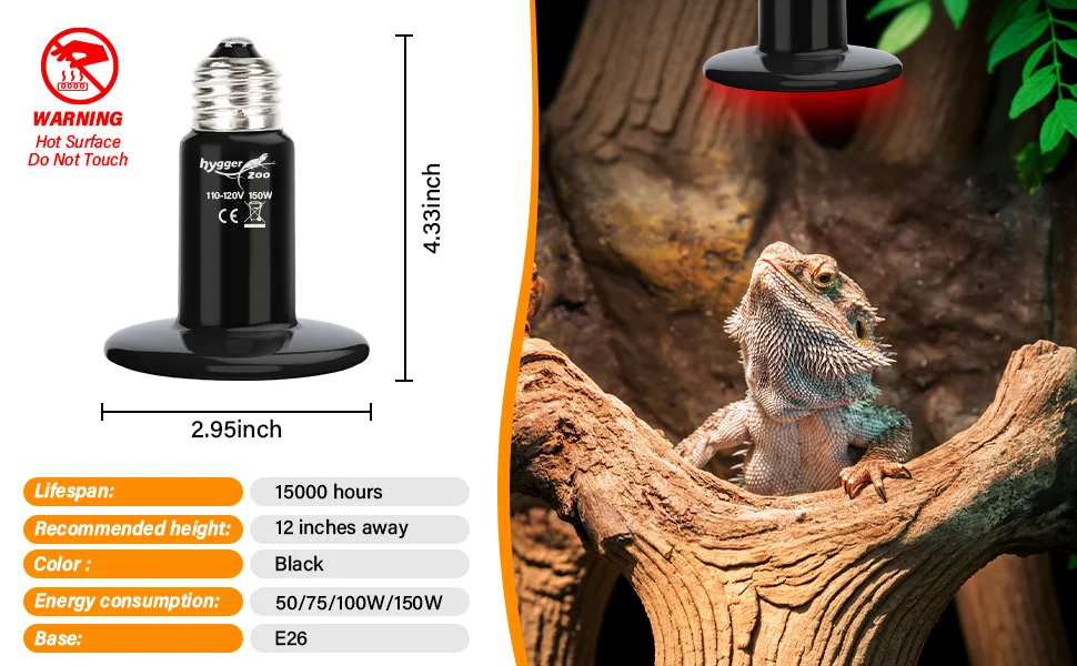 Hygger 150W basking lamp for reptiles with red heat emission, 4.33 inch height, 2.95 inch base, E26 base, 15000 hours lifespa