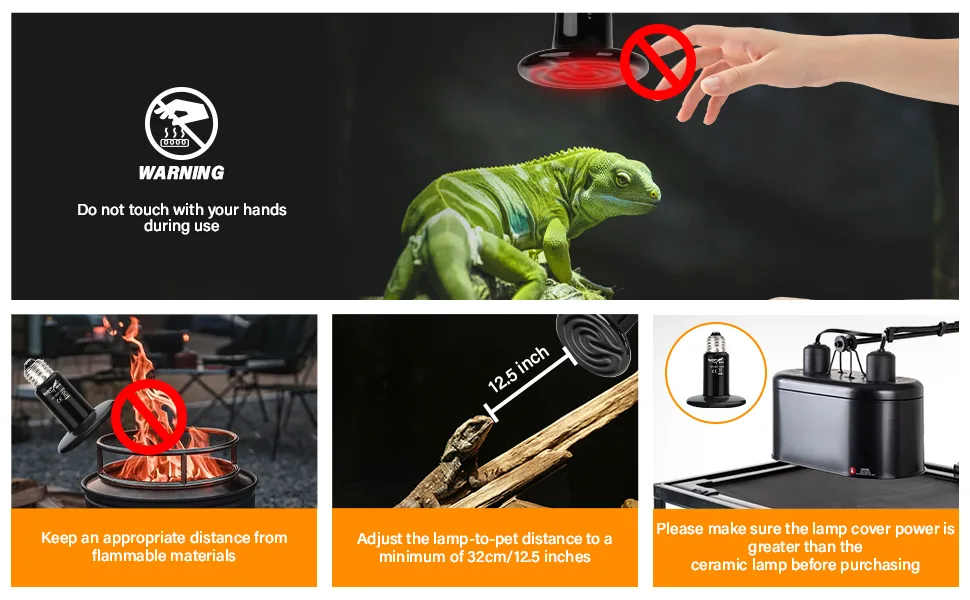 Hygger aquarium lamp safety guidelines: warning signs, distance from flammable materials, and lamp cover power requirements