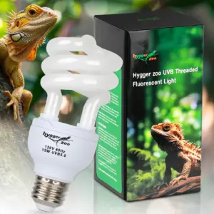 Hygger Zoo UVB Fluorescent Light Bulb for Bearded Dragons, 13W UVB5.0, 120V 60Hz, with packaging and lizard on tree