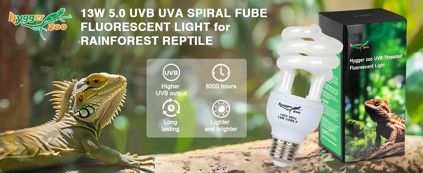 Hygger Zoo 13W 5.0 UVB UVA Spiral Tube Fluorescent Light for Rainforest Reptiles with 8000-hour lifespan, higher UVB output,