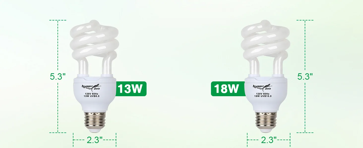 hygger aquarium compact fluorescent bulbs, 13W and 18W, 5.3" height, 2.3" base, UVB5.0 and UVB10.0 for fish tanks