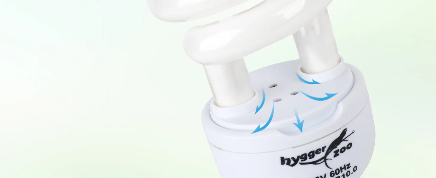 Close-up of hygger zoo compact fluorescent bulb with airflow arrows showing ventilation design for aquarium use