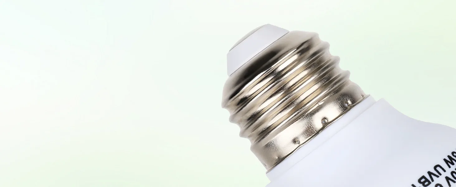 Close-up of a white LED bulb base with E27 screw fitting, showing metallic threads and branding text on the bulb body.