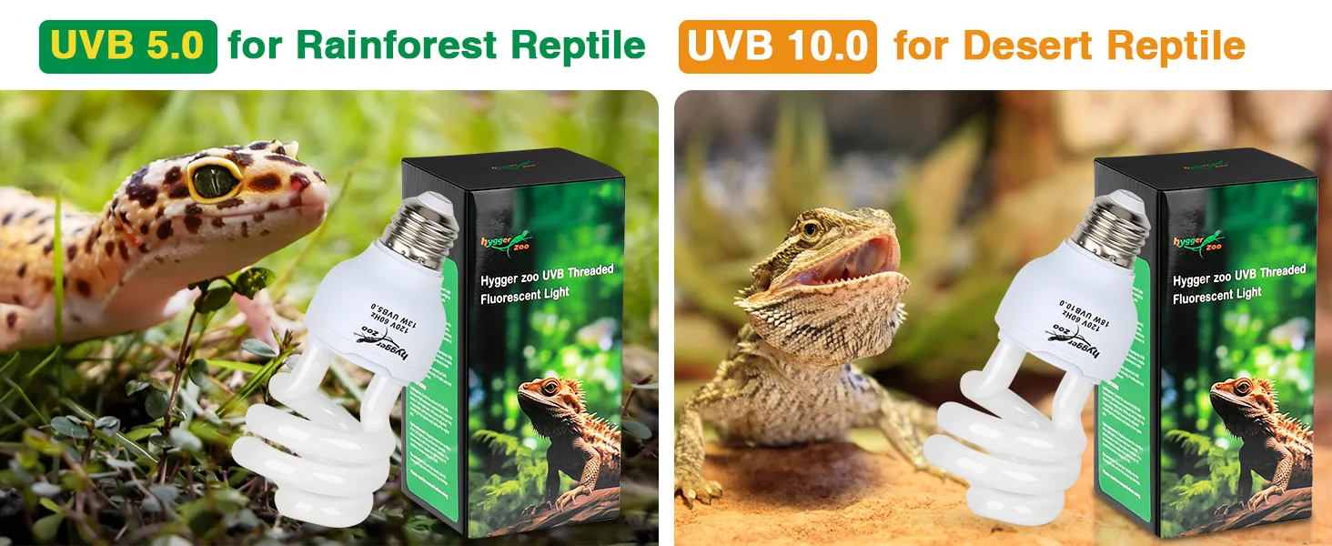 Hygger Zoo UVB 5.0 for Rainforest Reptile and UVB 10.0 for Desert Reptile bulbs with packaging