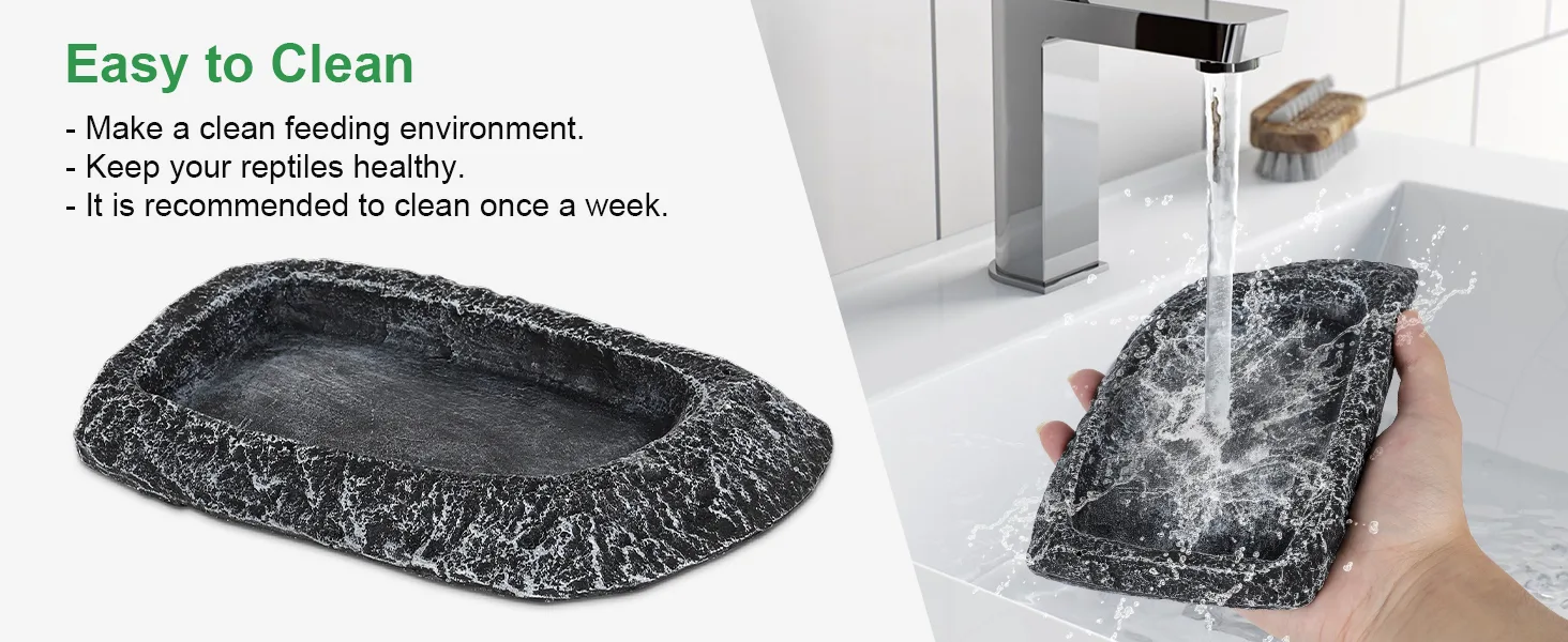 Easy-to-clean reptile feeding dish being rinsed under running water in a bathroom sink