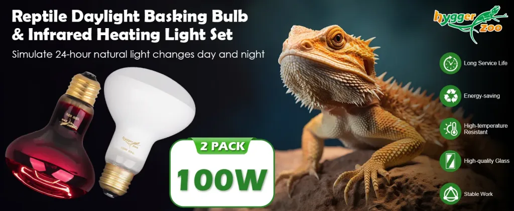 Reptile Daylight Basking Bulb & Infrared Heating Light Set - 2 Pack 100W for Bearded Dragons, simulate natural light cycles