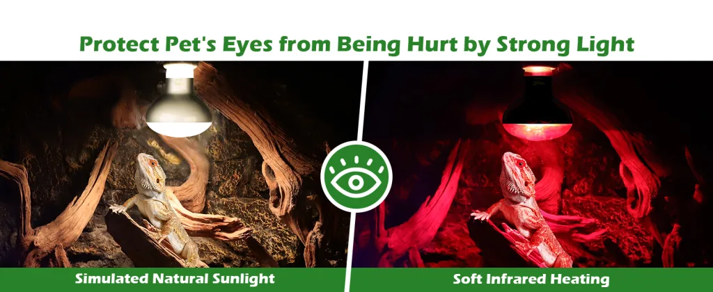 Compare simulated natural sunlight and soft infrared heating for pet reptile eye protection with a green eye icon.