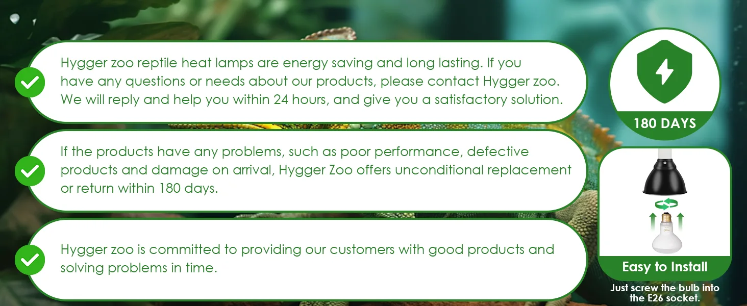 Hygger Zoo reptile heat lamps: energy-saving, long-lasting, 180-day replacement guarantee, easy installation with E26 socket.