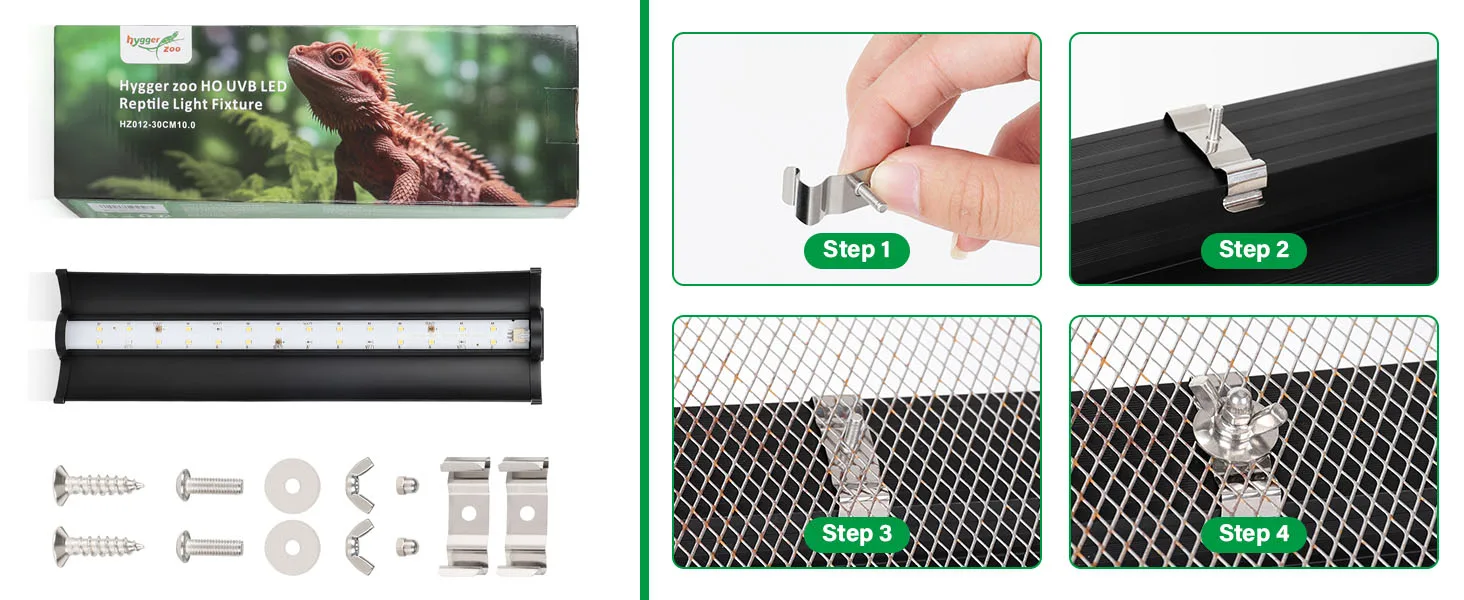 Hygger Zoo HO UVB LED Reptile Light Fixture installation guide with step-by-step instructions for mounting on mesh and bars.