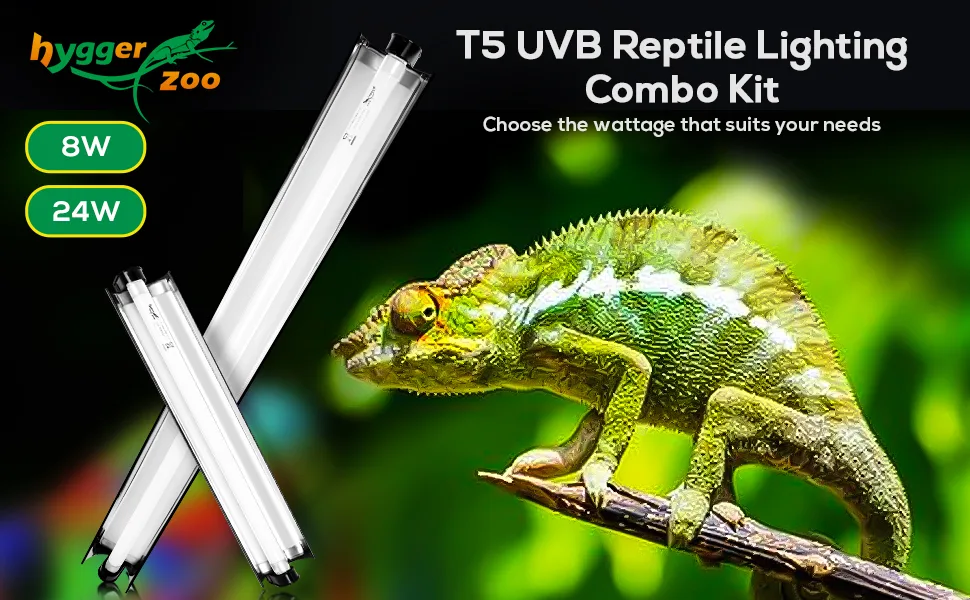 T5 UVB Reptile Lighting Combo Kit with 8W and 24W options for chameleons and other reptiles, featuring hygger Zoo brand.