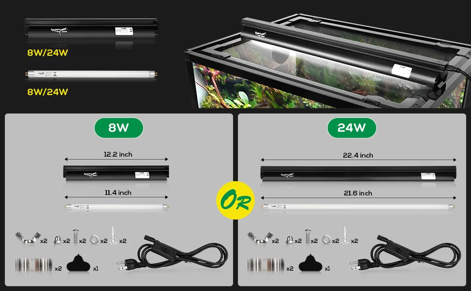 Hygger aquarium LED lights: 8W and 24W options with dimensions, accessories, and aquarium setup