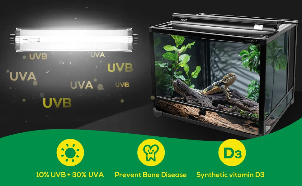 Hygger aquarium with UVB and UVA lighting for bearded dragon habitat, featuring 10% UVB + 30% UVA, bone disease prevention, a