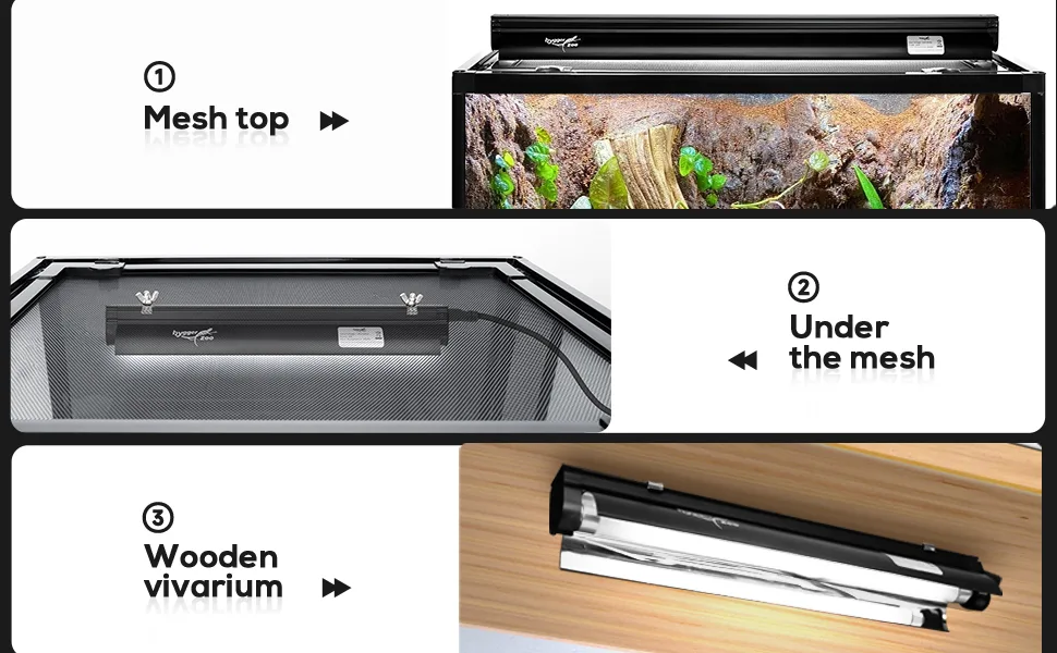 Hygger aquarium with mesh top, under mesh view, and wooden vivarium setup for terrariums