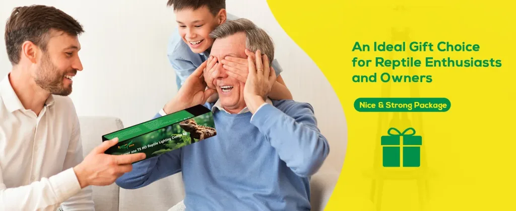 A man presents a reptile lighting combo kit to an older man with a child helping, promoting it as an ideal gift for reptile e