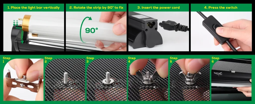 Step-by-step guide for installing hygger aquarium light bar: vertical placement, 90° rotation, power cord insertion, and swit
