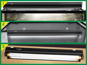 Hygger aquarium lighting system with three views: top, side, and bottom. Features LED lights for aquariums.
