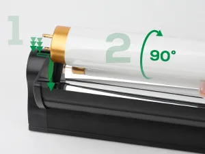 Hygger aquarium filter with 90° rotation and adjustable intake, showing step 1 and 2 for installation