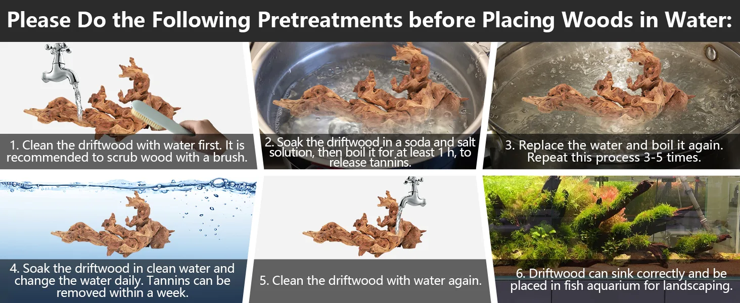 Step-by-step guide for preparing driftwood for aquariums: clean, soak, boil, and replace water to remove tannins before place