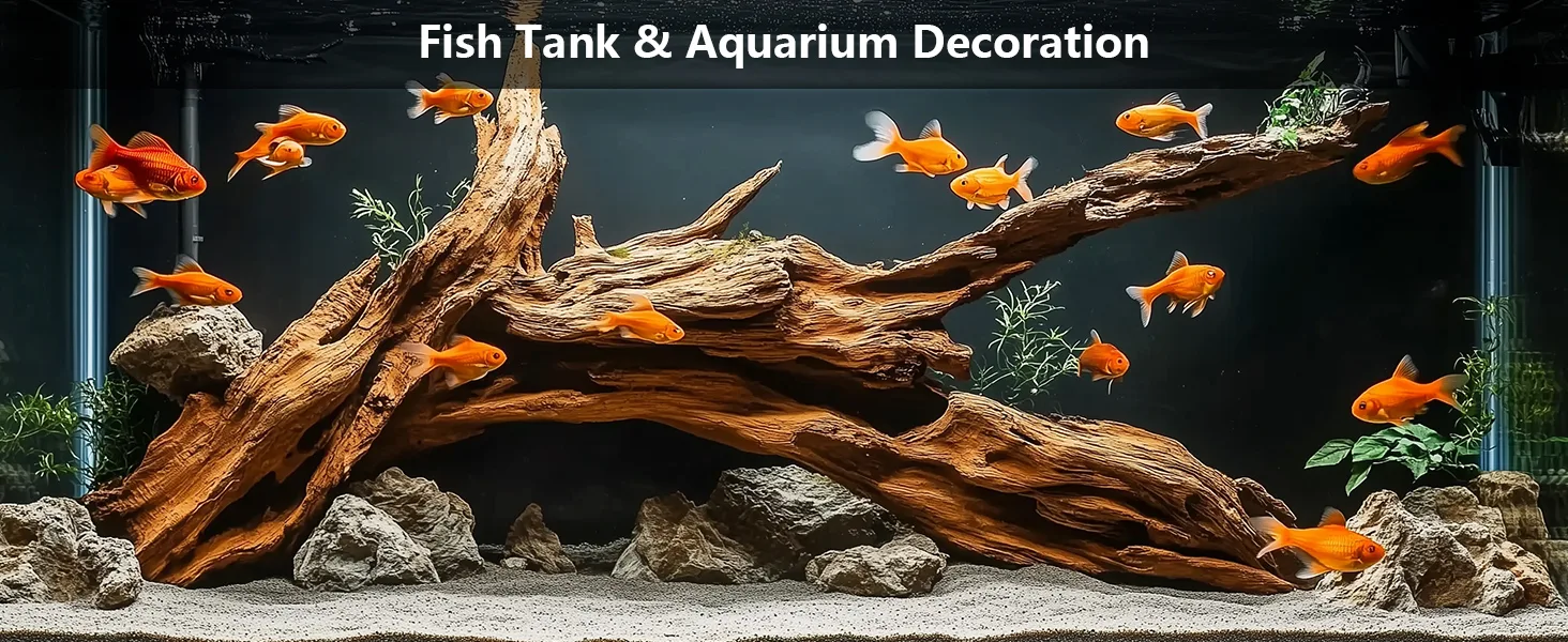 A vibrant aquarium with orange goldfish swimming around driftwood, rocks, and aquatic plants, showcasing natural tank decorat