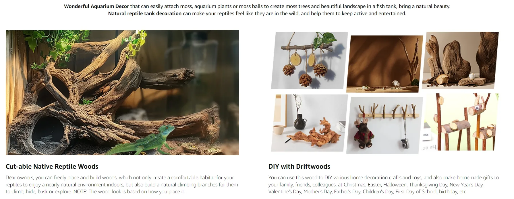 Natural reptile tank decor with driftwood branches, moss, and green plants for a realistic habitat.