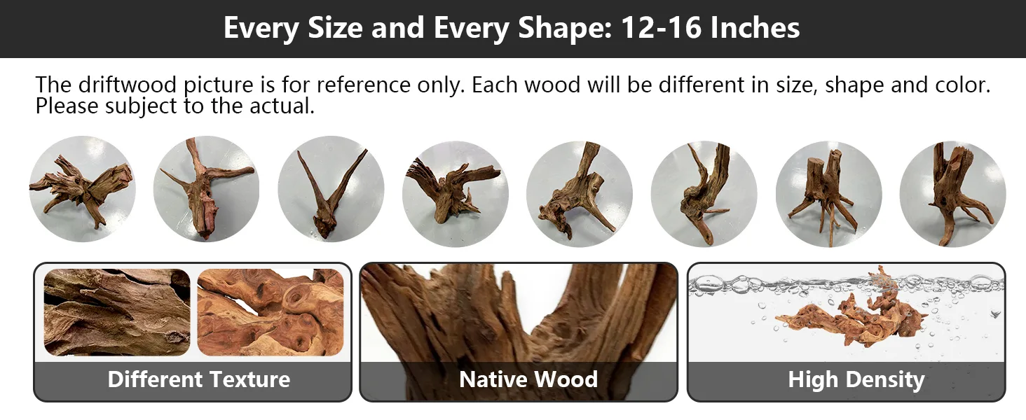 Driftwood pieces for aquariums, 12-16 inches, various shapes and textures. Natural wood, high density, different colors. Refe