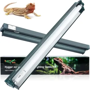 Hygger Zoo Lighting Combo Kit for bearded dragons, featuring a basking lamp and heat lamp with packaging and lizard image