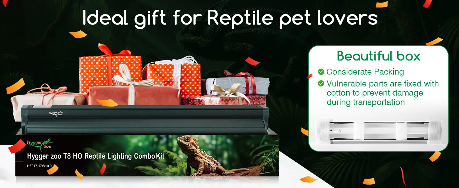 Hygger Zoo T8 HO Reptile Lighting Combo Kit gift box with colorful presents and confetti, ideal for reptile pet lovers