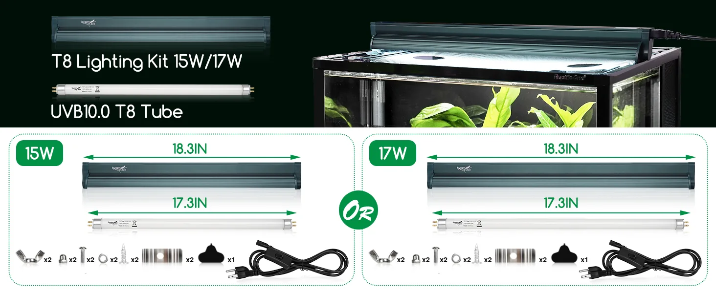 Hygger T8 Lighting Kit 15W/17W UVB10.0 T8 Tube for aquariums with dimensions and accessories