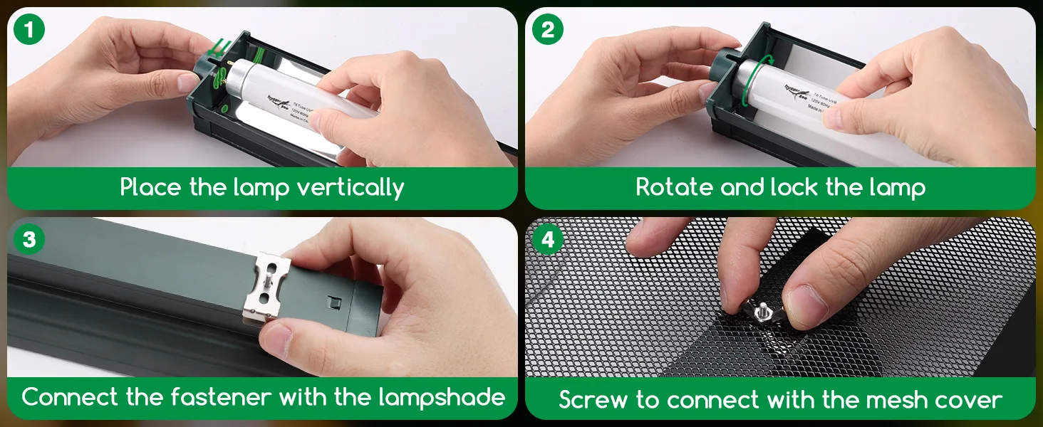 Step-by-step guide for installing Hygger aquarium lamp: place vertically, rotate and lock, connect fastener, screw mesh cover