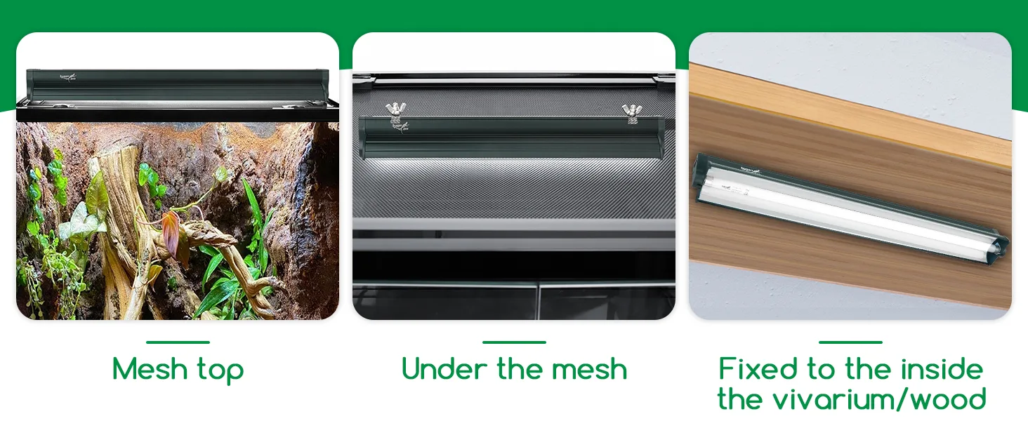 Hygger aquarium lighting system with mesh top, under mesh, and fixed inside vivarium/wood installation options