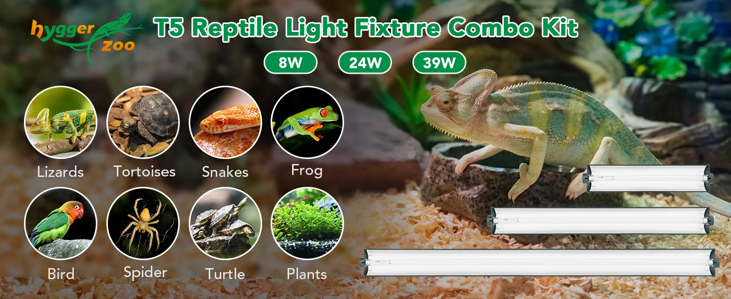 Hygger Zoo T5 Reptile Light Fixture Combo Kit with 8W, 24W, 39W options for Lizards, Tortoises, Snakes, Frogs, Birds, Spiders
