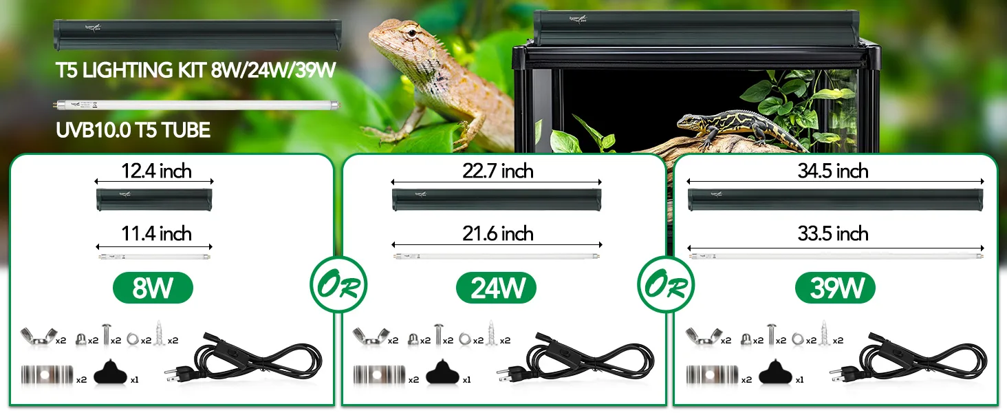 Hygger T5 Lighting Kit for Reptile Enclosures - 8W/24W/39W UVB10.0 Tubes with Dimensions and Accessories