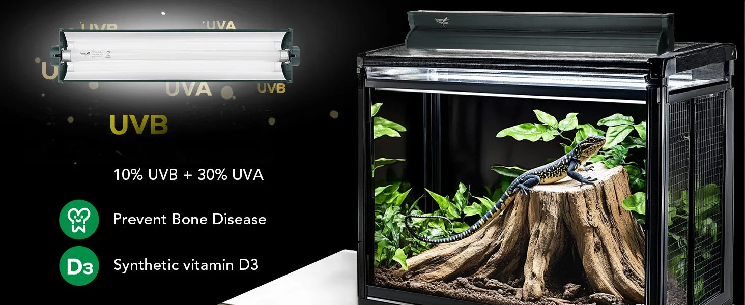 Hygger UVB lamp for reptile terrarium with 10% UVB and 30% UVA, preventing bone disease and providing synthetic vitamin D3.