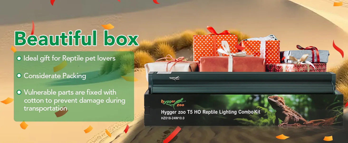 Hygger Zoo T5 HO Reptile Lighting Combo Kit in gift box with presents, ideal for reptile pet lovers with considerate packing