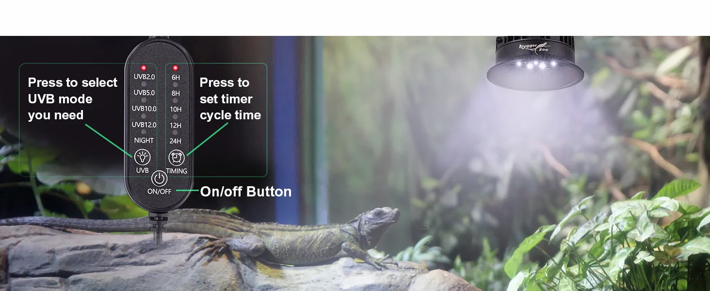 Hygger Zoo UVB light controller with timer settings for reptile enclosure, showing UVB modes and on/off button