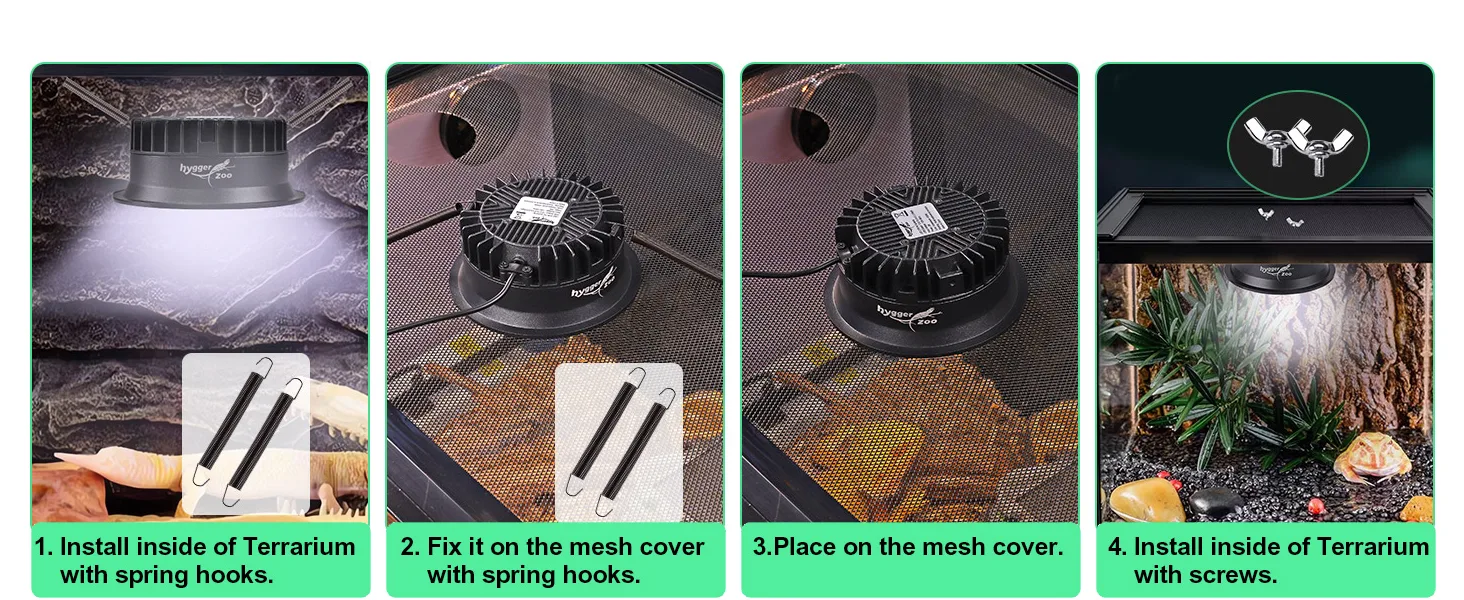 Step-by-step guide for installing hygger aquarium light inside terrarium using spring hooks and screws.