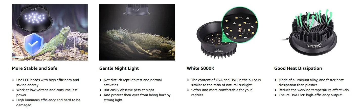 Hygger LED reptile light with 5000K white bulb, gentle night light for reptiles, heat dissipation design, safe and stable.