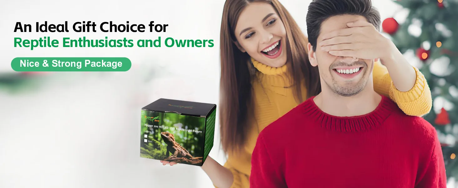 A woman presents a Hygger Zoo LED UVB reptile light fixture box to a man, with a Christmas tree in the background. Text: Idea
